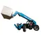 Vista lateral de un manipulador telescópico Genie azul con brazo extendido y un aditamento para montacargas elevando palés con un operario en la cabina.