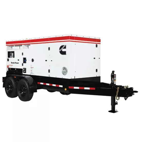 Generador remolcable de 160 – 200 kW, a diésel de nivel 4 CUMMINS blanco, negro y rojo