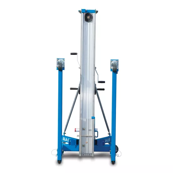 Elevador de materiales manual Genie de 700 – 1,000 lb y 13 – 15 ft azul y plateado