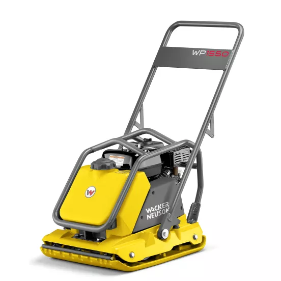 Compactador vibratorio de placa Wacker-Neuson amarillo y plateado