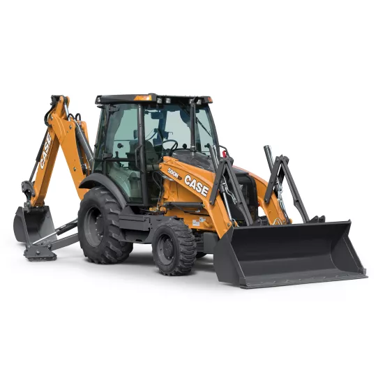 cargador para retroexcavadora CASE de 60 – 90 HP naranja y gris, 14 ft de profundidad de excavación, con Extendahoe