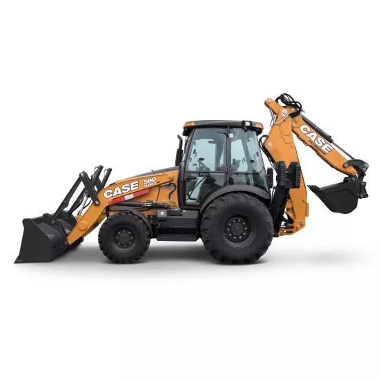 cargador para retroexcavadora CASE de 90 – 105 HP naranja y negro, 14 – 16 ft de profundidad de excavación, con Extendahoe