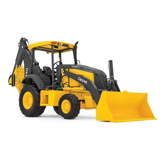 cargador para retroexcavadora John Deere amarillo y negro con profundidad de excavación de 17 pies y extensible