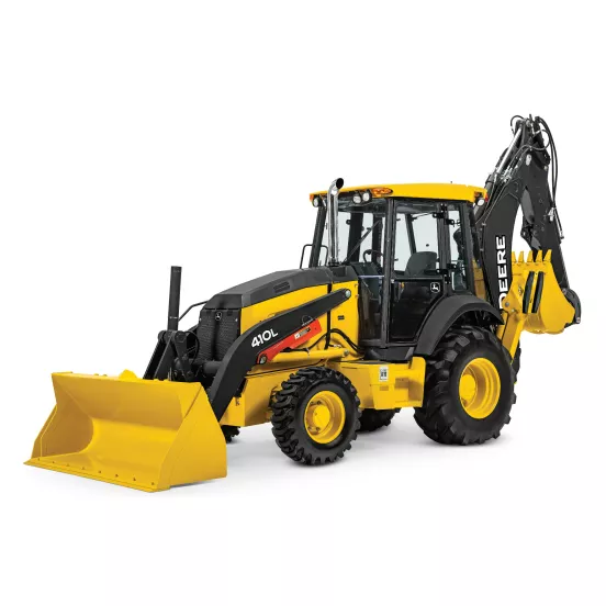 cargador para retroexcavadora JOHN DEERE de 108 – 116 HP amarillo y negro, 15 – 16 ft de profundidad de excavación, con Extendahoe