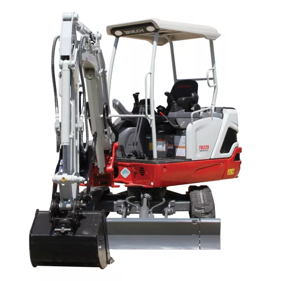 Miniexcavadora TAKEUCHI blanca, roja y gris de 4,000 – 5,000 lb, sin giro en la cola