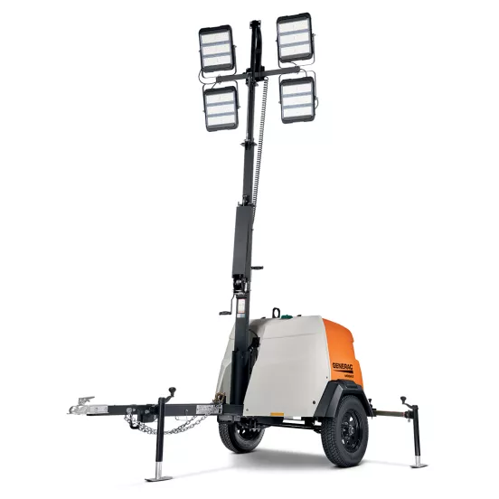 Mástil vertical GENERAC de torre de luz blanco, naranja y negro de funcionamiento extendido